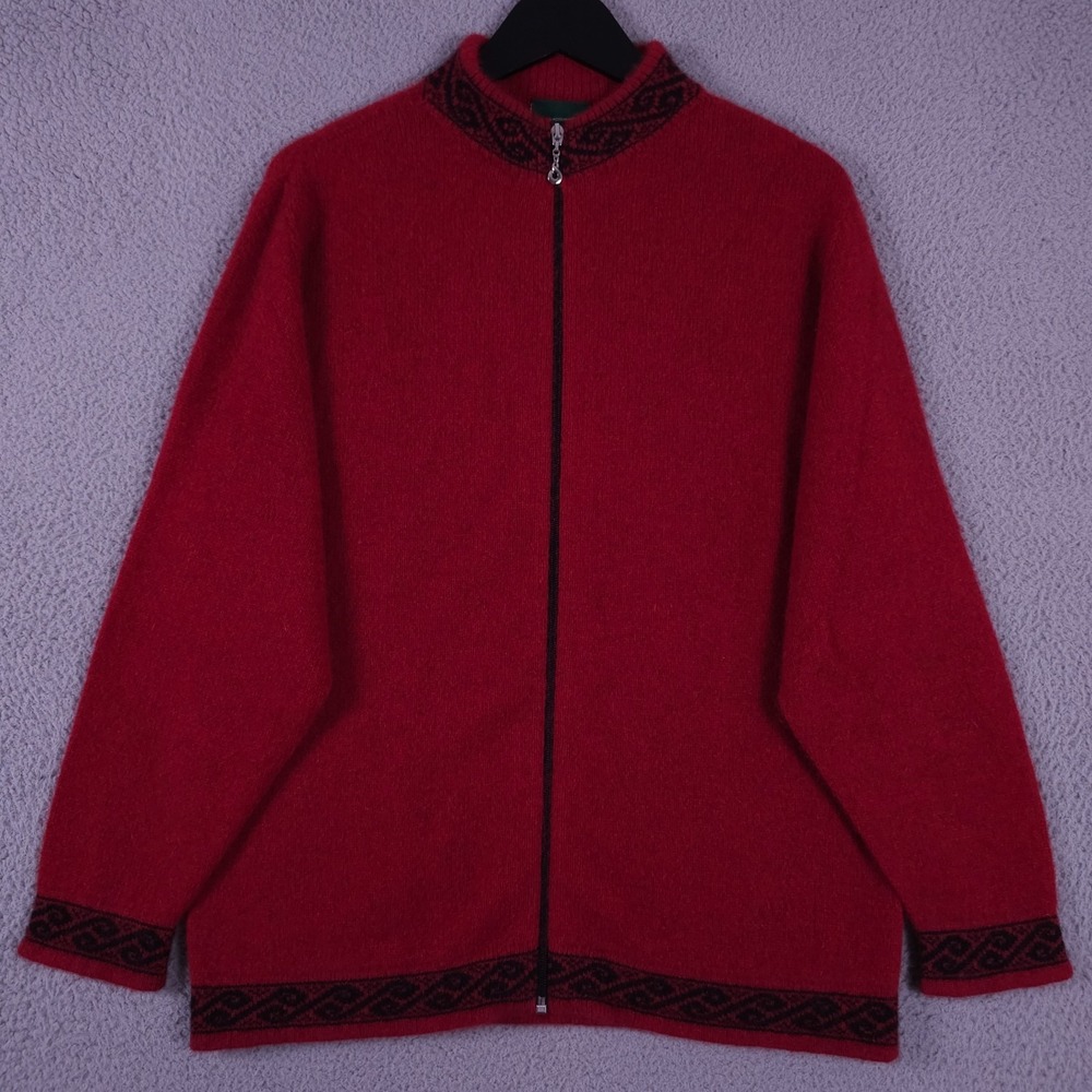 Lothlorian Sweater Womens M Red Black Motif Full Zip Possum Merino Wool Cardigan